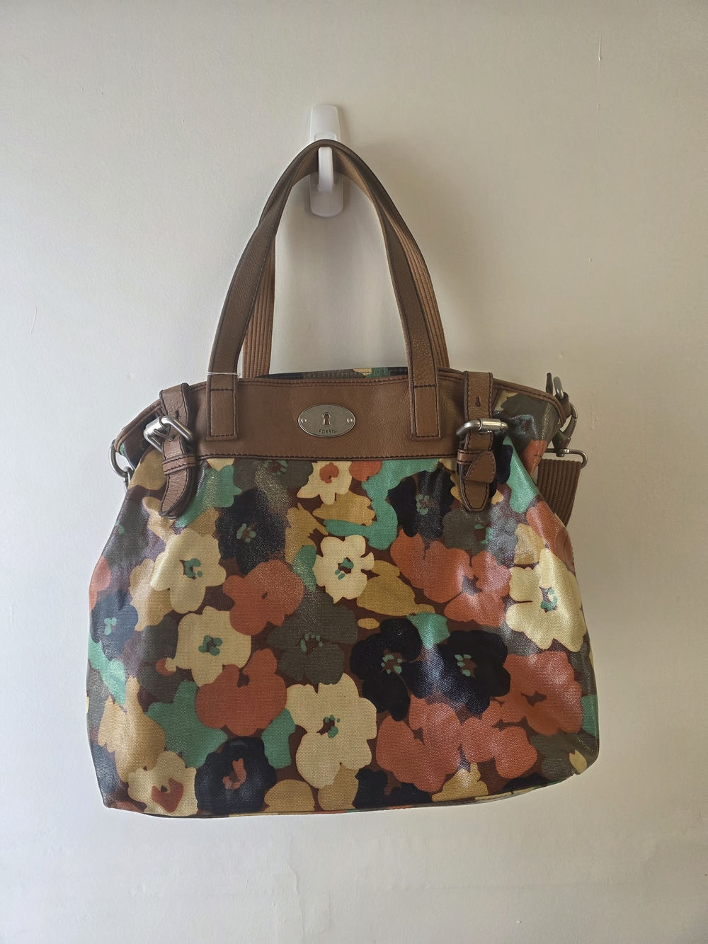 Fossil Brown Floral Print Tote with Multicolor Blooms